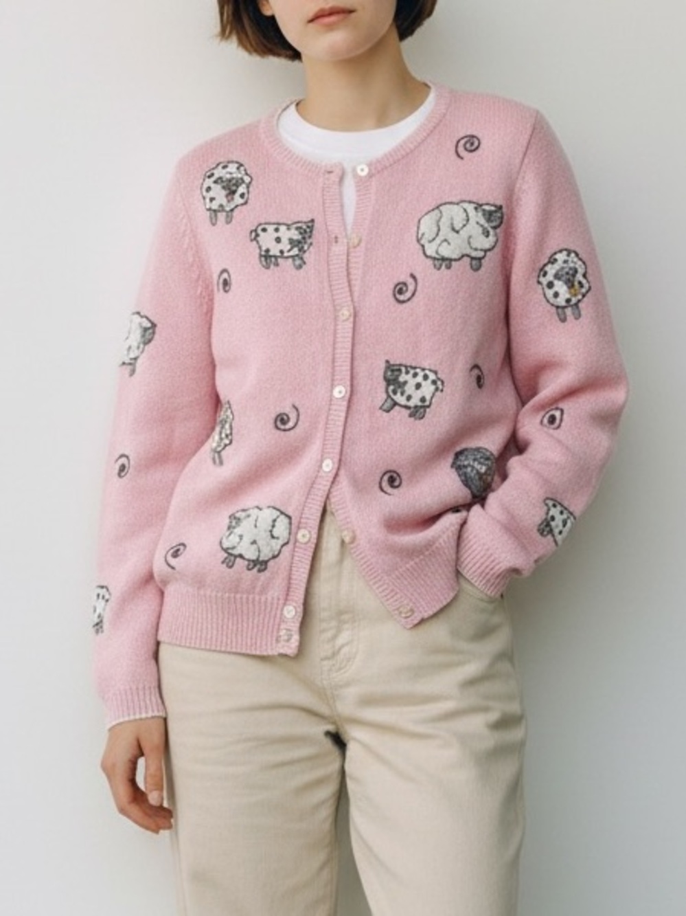 Pendleton Vintage Retro Pink Sheep Motif Button-Up Cotton Cardigan Sweater Small